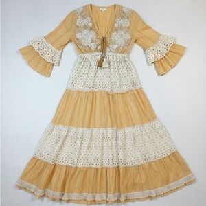 Elegant Lace Trim Long Sleeve Dress in Tan and Cream